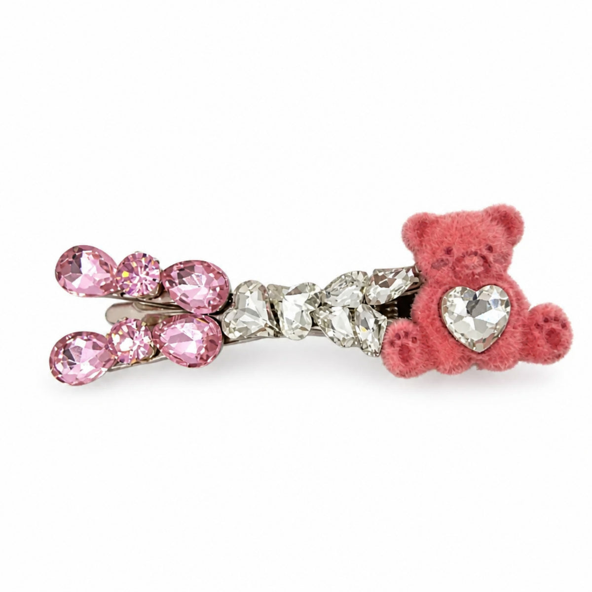 Pink Rhinestone Velvet Teddy Bear Alligator Hair Clip