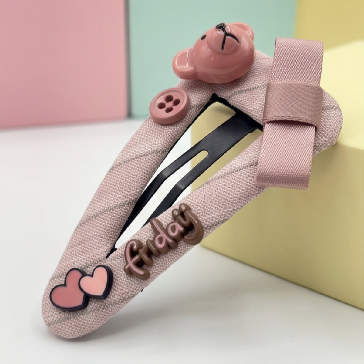 Pink Teddy Bear Heart Letter Snap Hair Clip