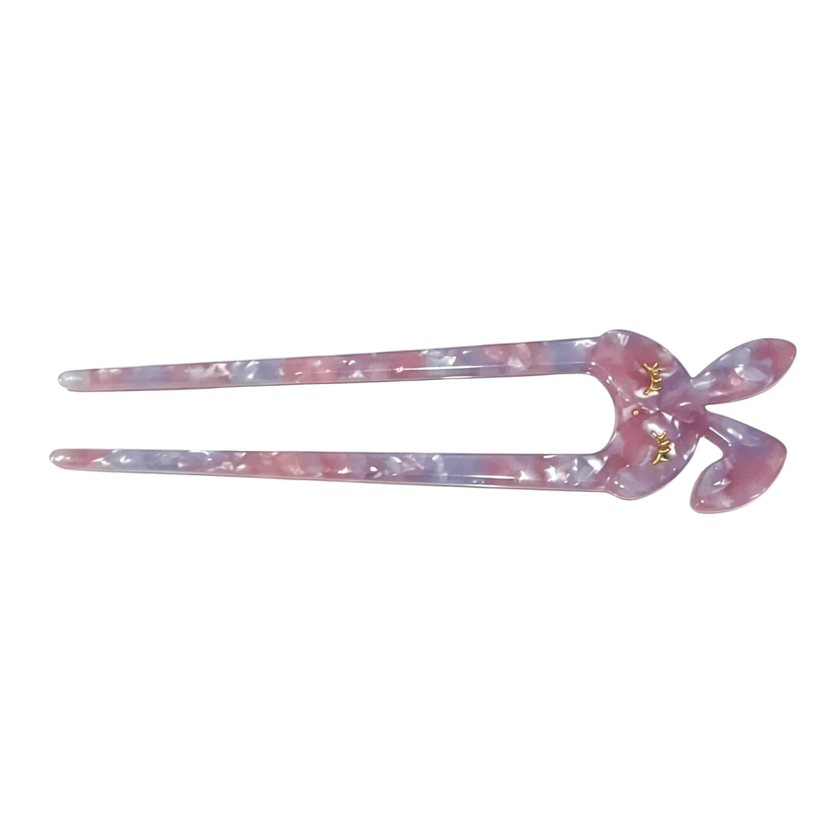 A tortoiseshell hair claw clip in a pink and purple marbled pattern with small gold butterfly accents, shown on a plain white background.