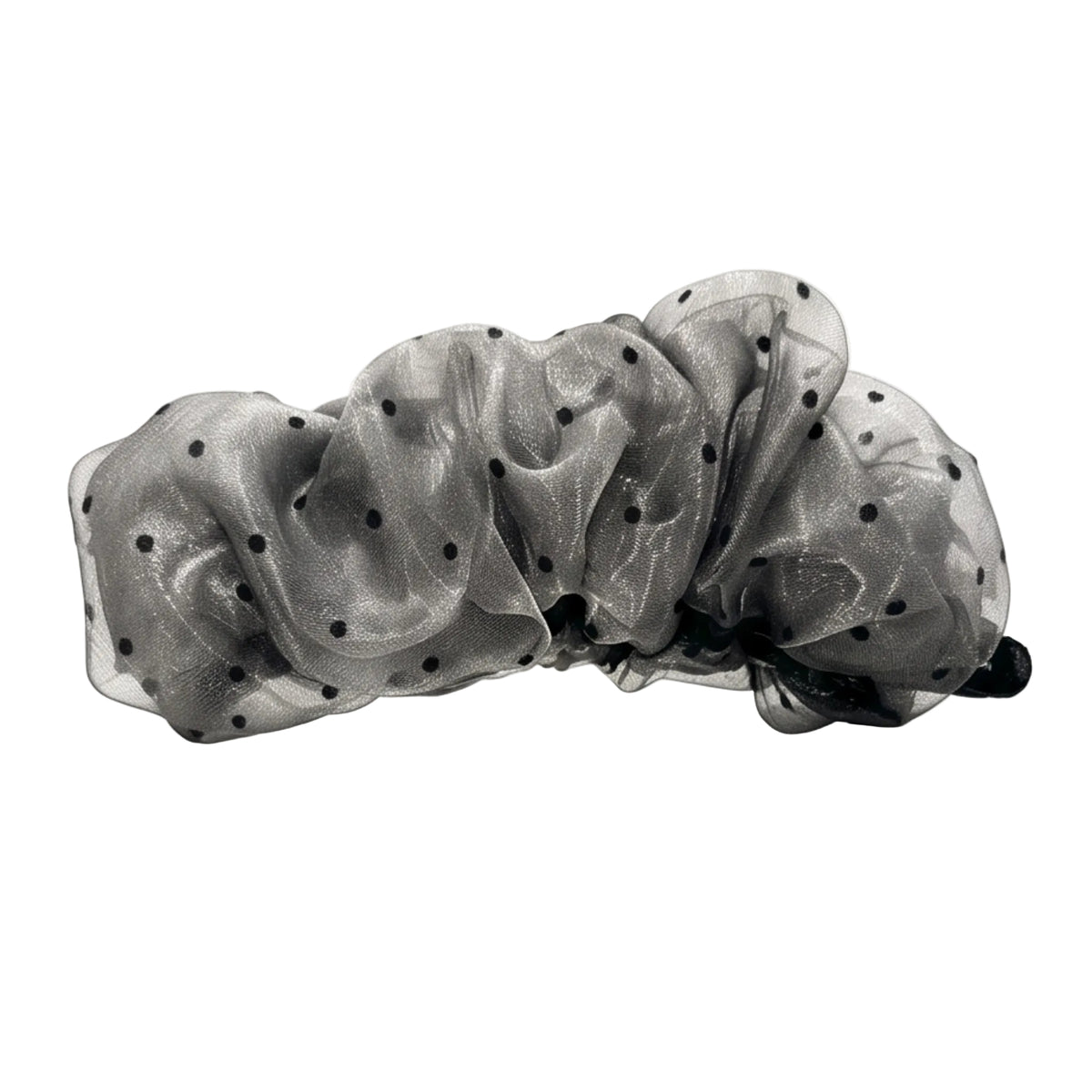 Silver black polka dot mesh banana hair-clip white background