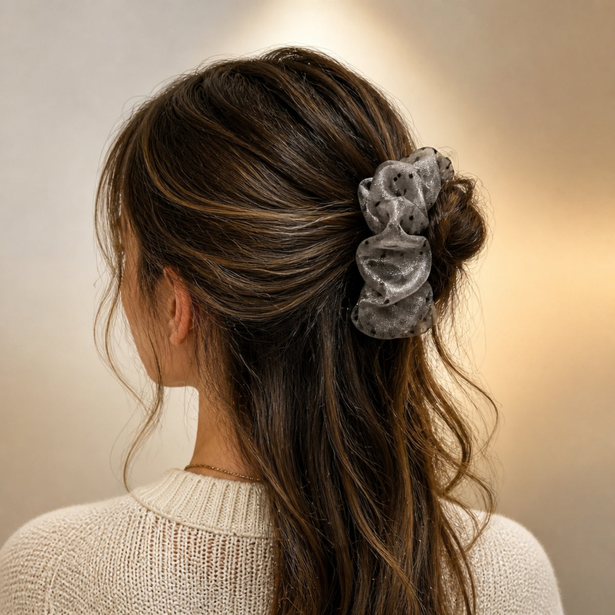 Silver & Black Polka Dot Mesh Banana Hair Clip
