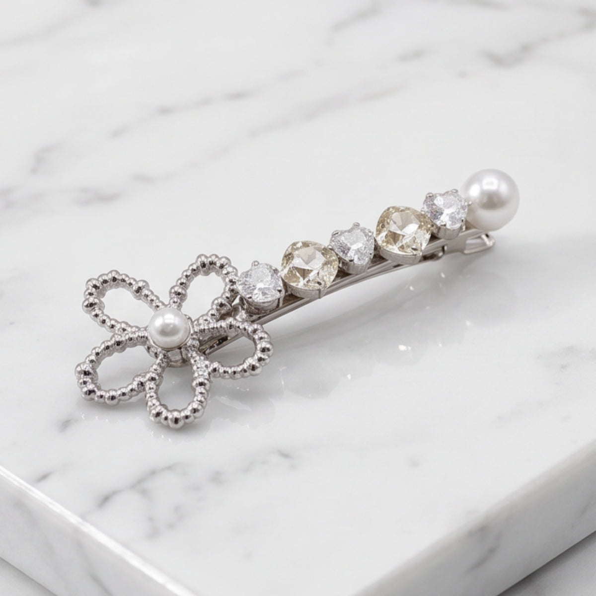 Silver Floral Pearl Rhinestone Alligator Hair Clip