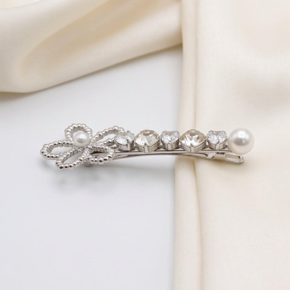 Silver Floral Pearl Rhinestone Alligator Hair Clip