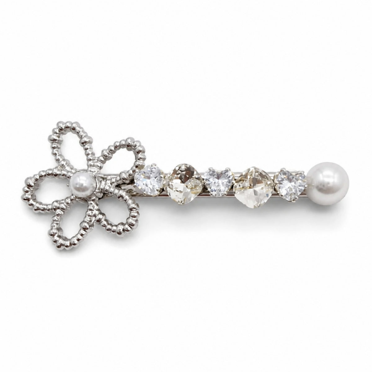 Silver Floral Pearl Rhinestone Alligator Hair Clip