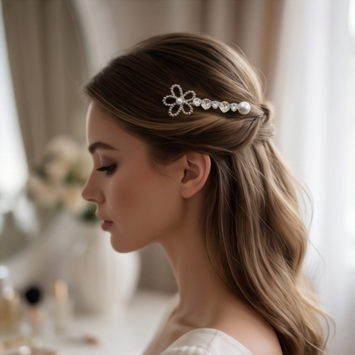 Silver Floral Pearl Rhinestone Alligator Hair Clip