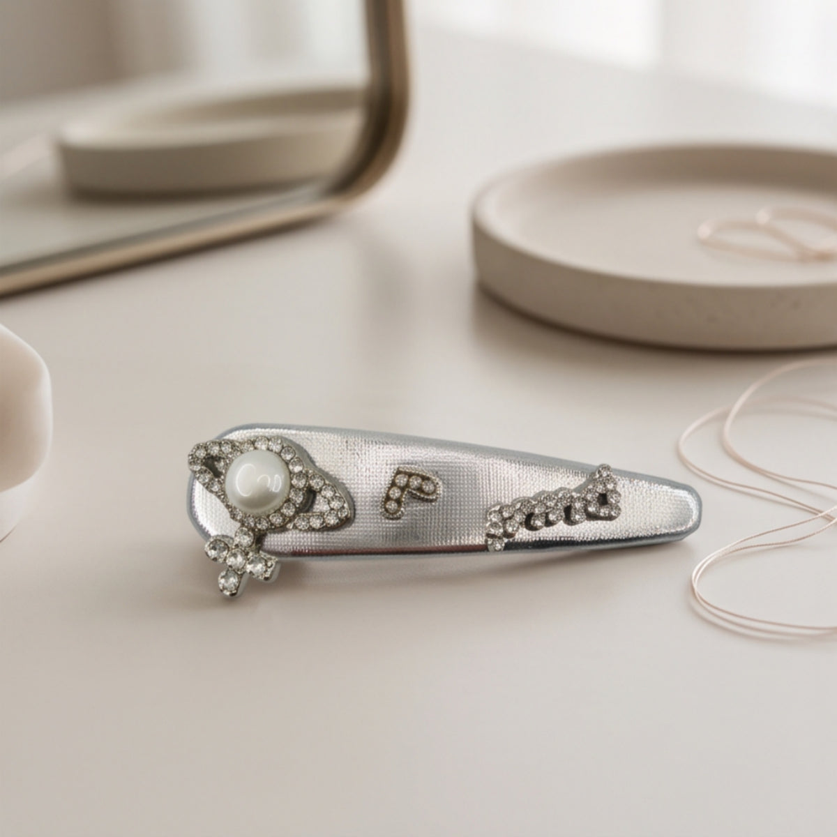 Silver-Gray Heart Pearl Letter Rhinestone Snap Hair Clip