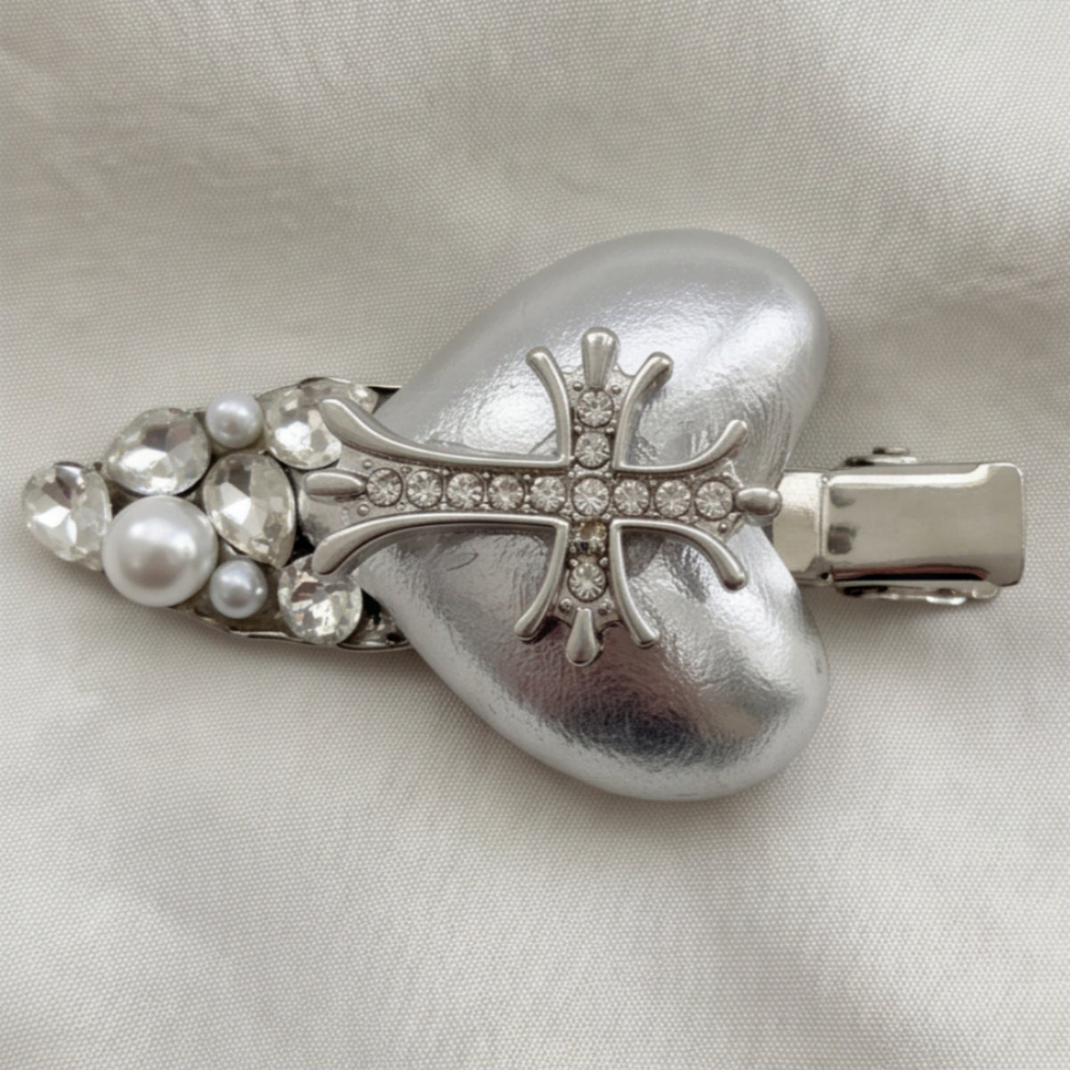 Silver Heart Cross Rhinestone Alligator Hair Clip