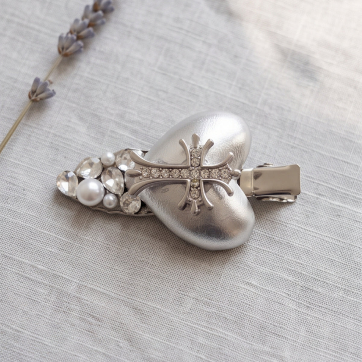Silver Heart Cross Rhinestone Alligator Hair Clip