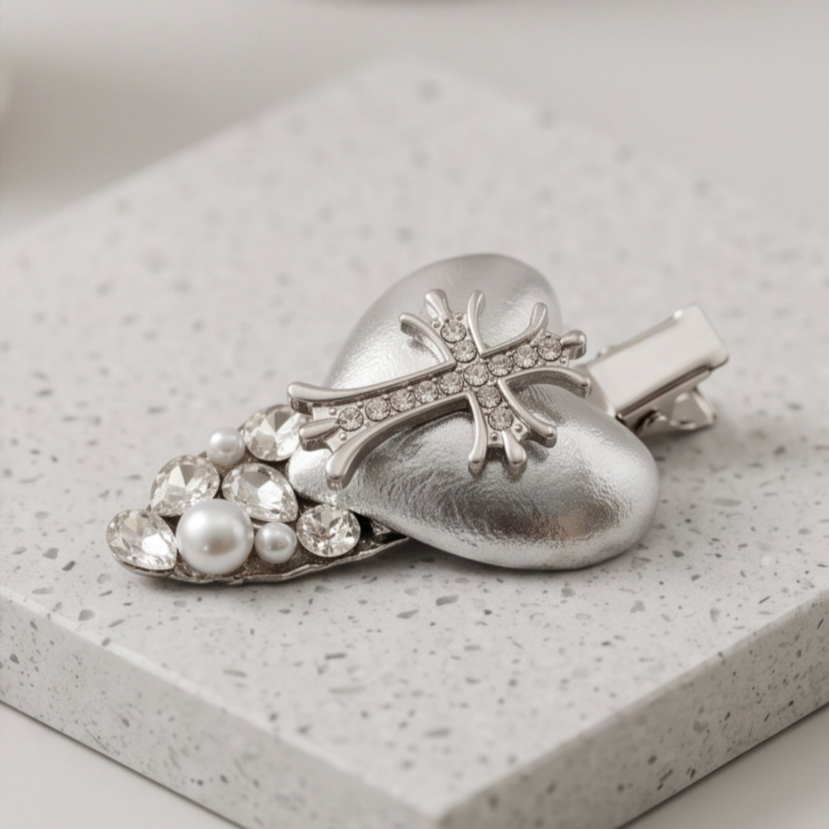 Silver Heart Cross Rhinestone Alligator Hair Clip