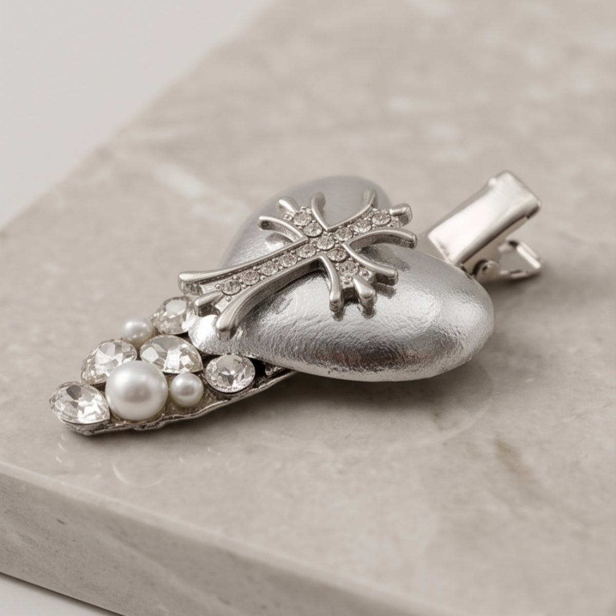 Silver Heart Cross Rhinestone Alligator Hair Clip