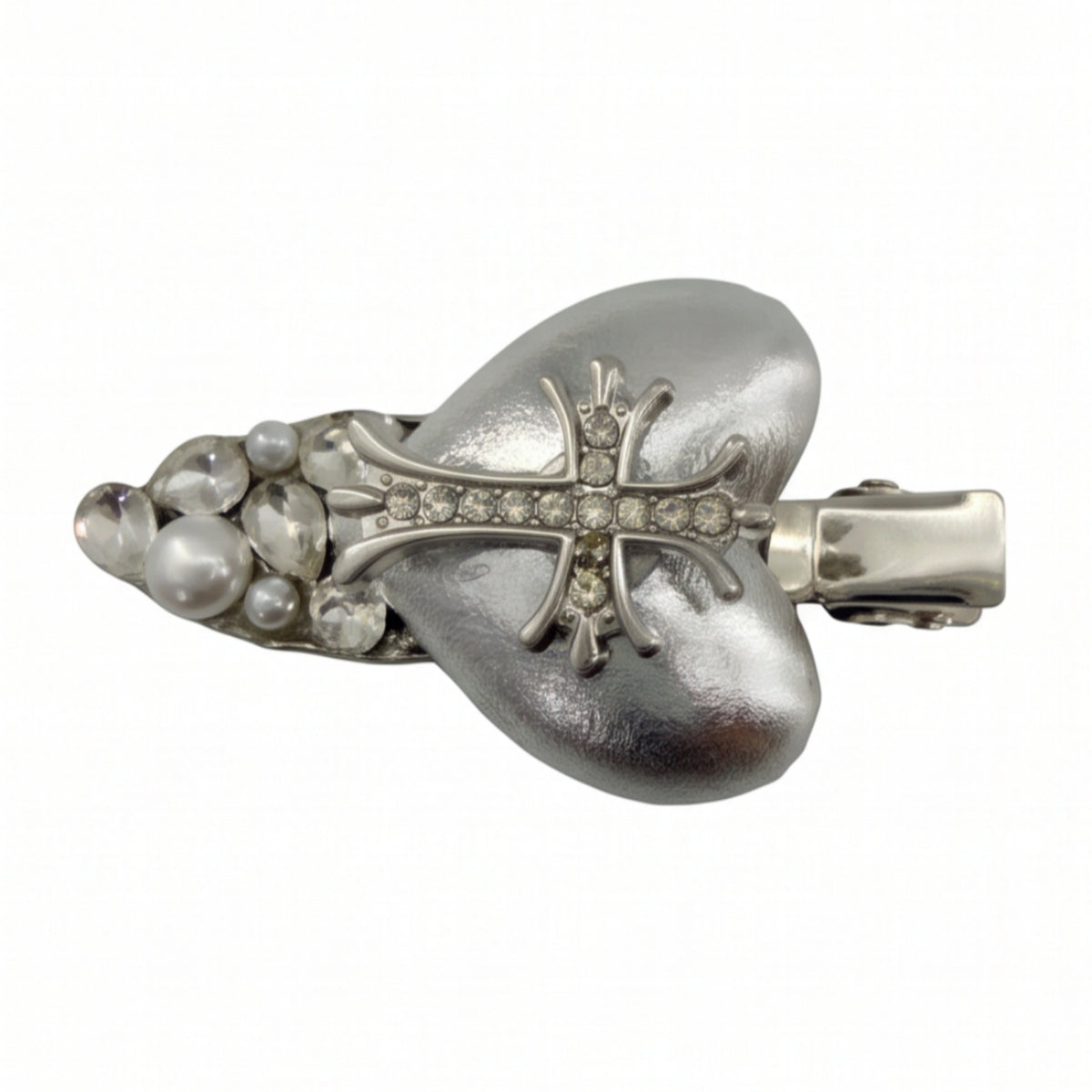 Silver Heart Cross Rhinestone Alligator Hair Clip