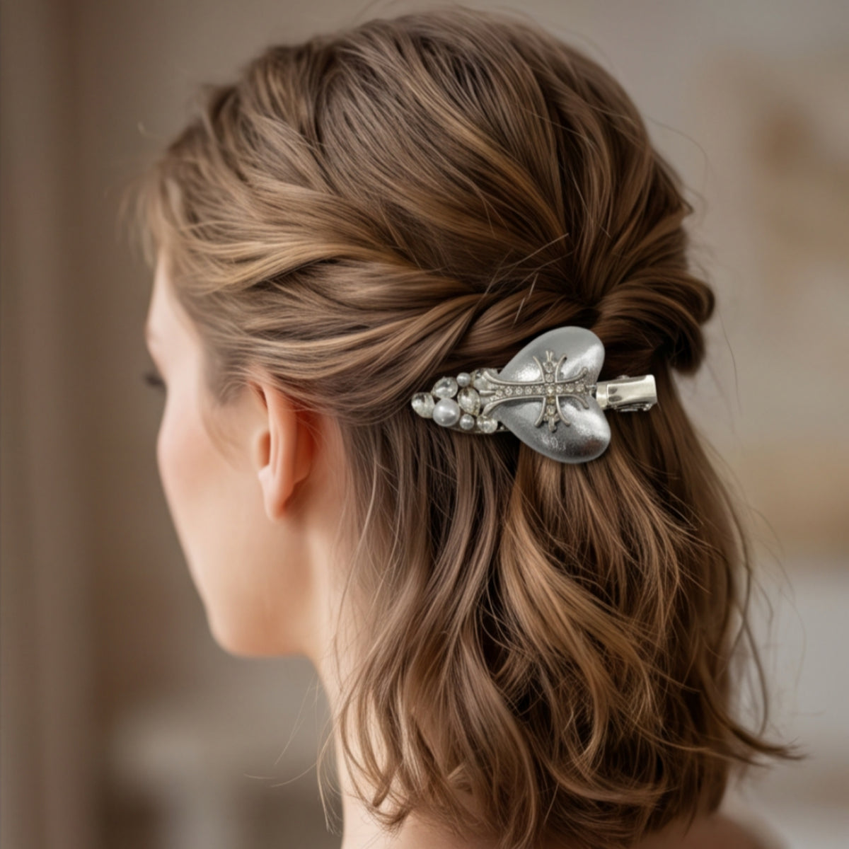 Silver Heart Cross Rhinestone Alligator Hair Clip