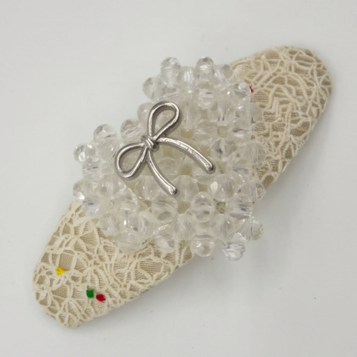 White Crystal Bow Beaded Snap Hair Clips Set of 2