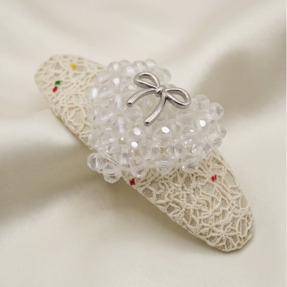White Crystal Bow Beaded Snap Hair Clips Set of 2