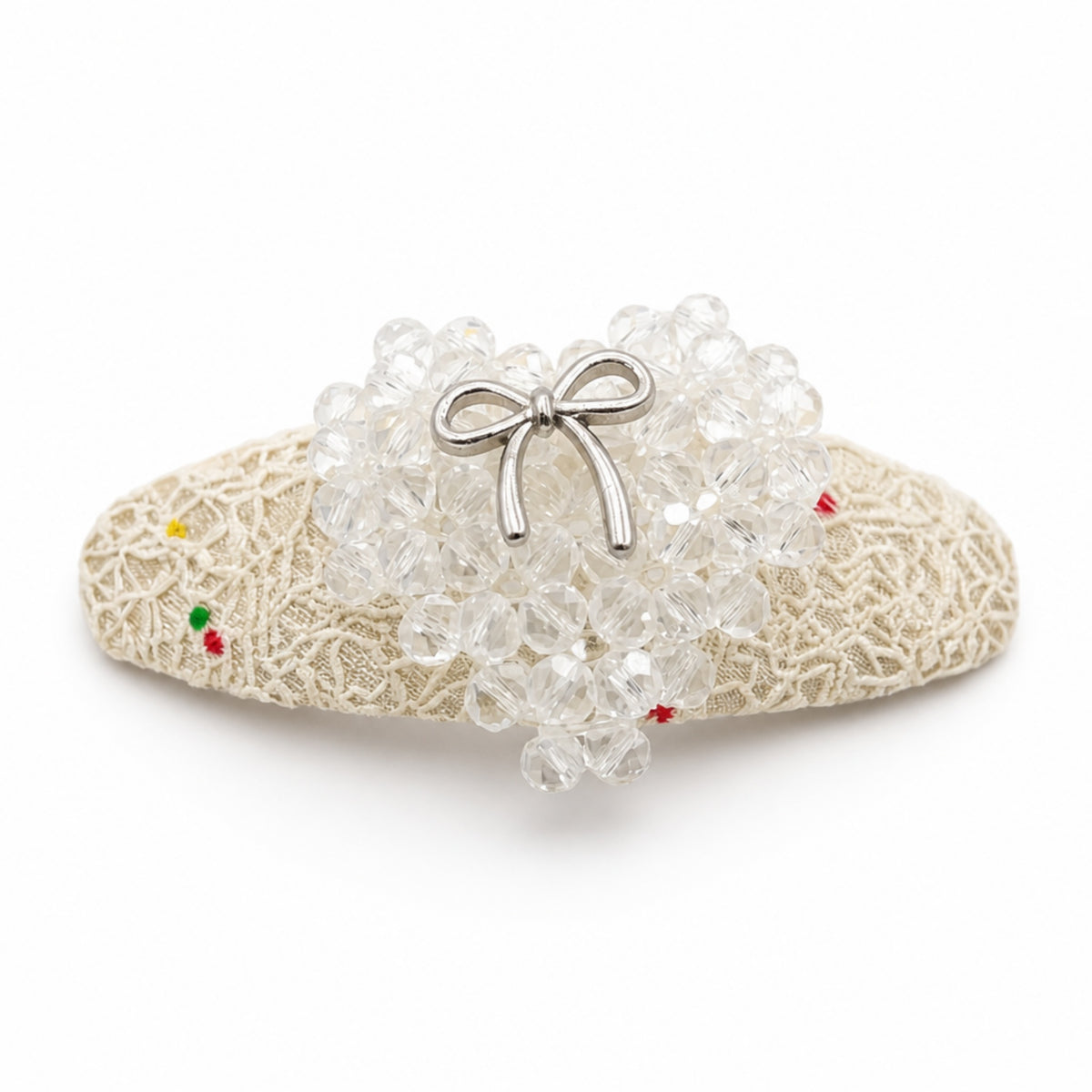 White Crystal Bow Beaded Snap Hair Clips Set of 2