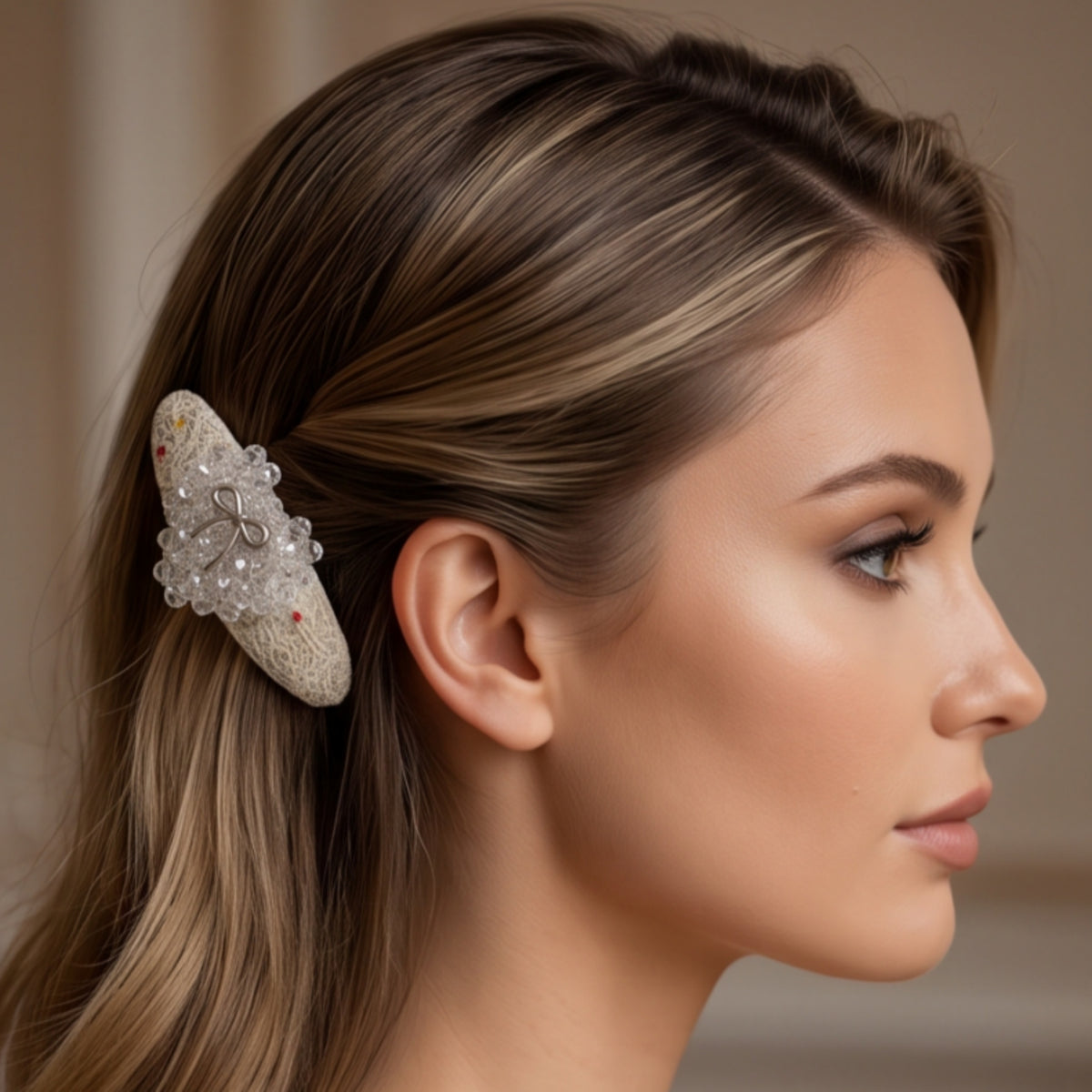 White Crystal Bow Beaded Snap Hair Clips Set of 2