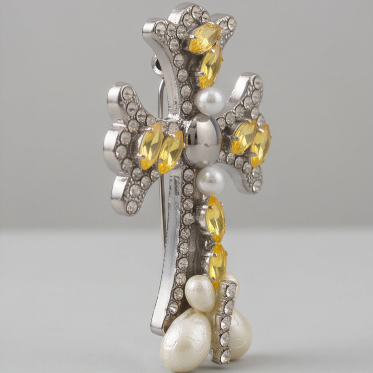 Yellow Rhinestone Pearl Cross Alligator Hair Clip