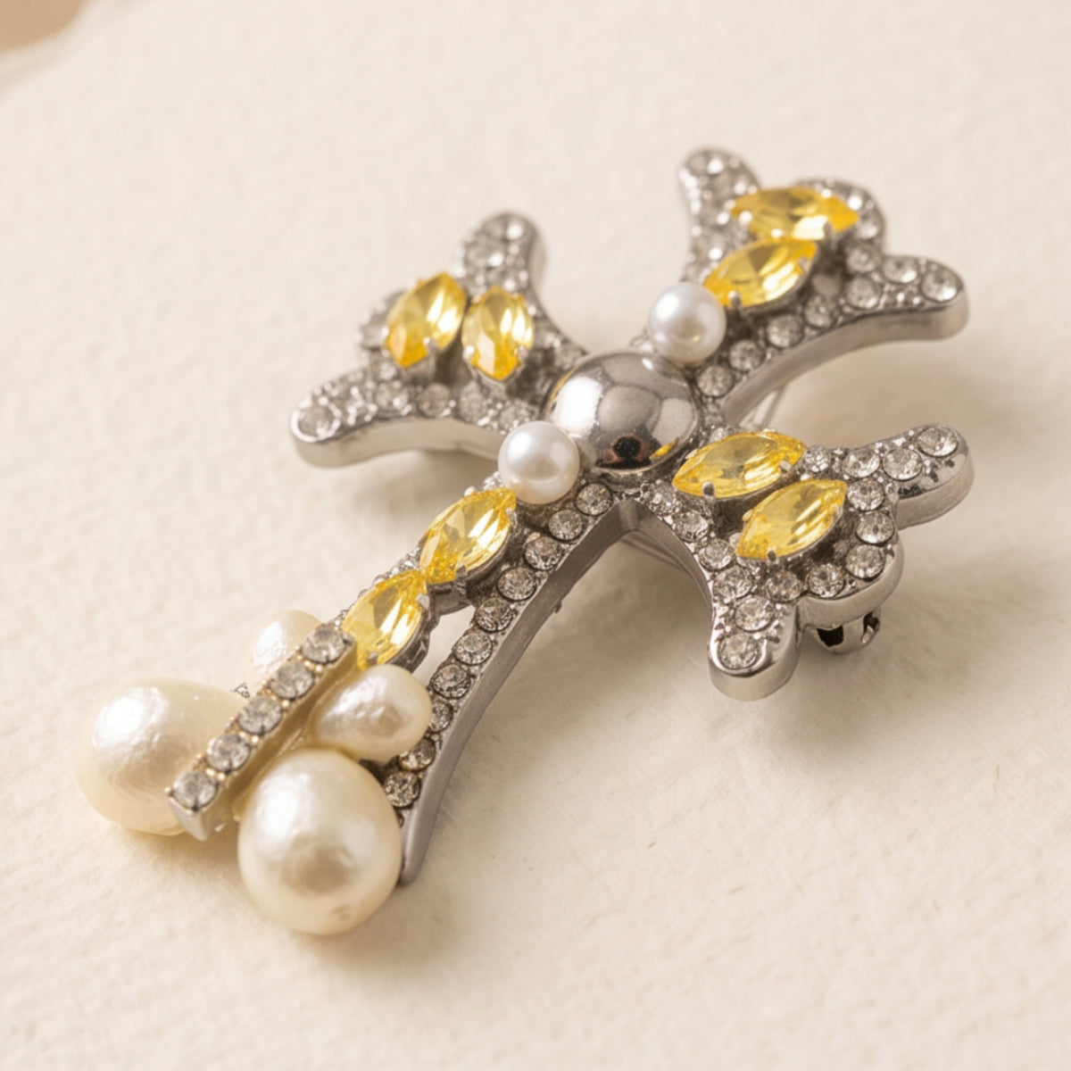 Yellow Rhinestone Pearl Cross Alligator Hair Clip