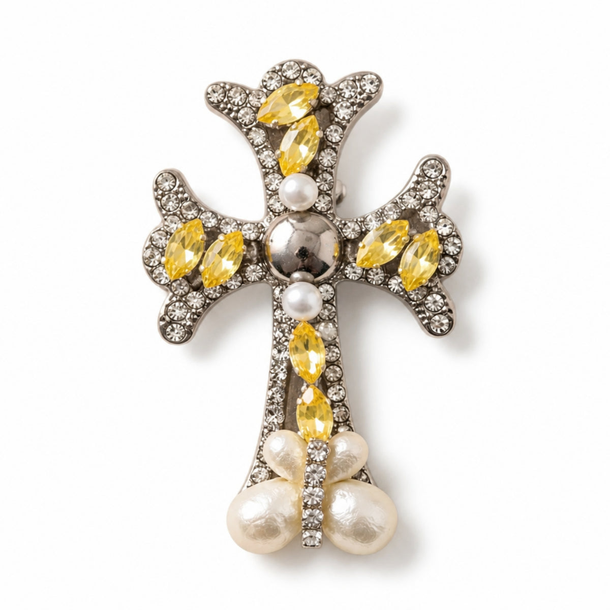 Yellow Rhinestone Pearl Cross Alligator Hair Clip