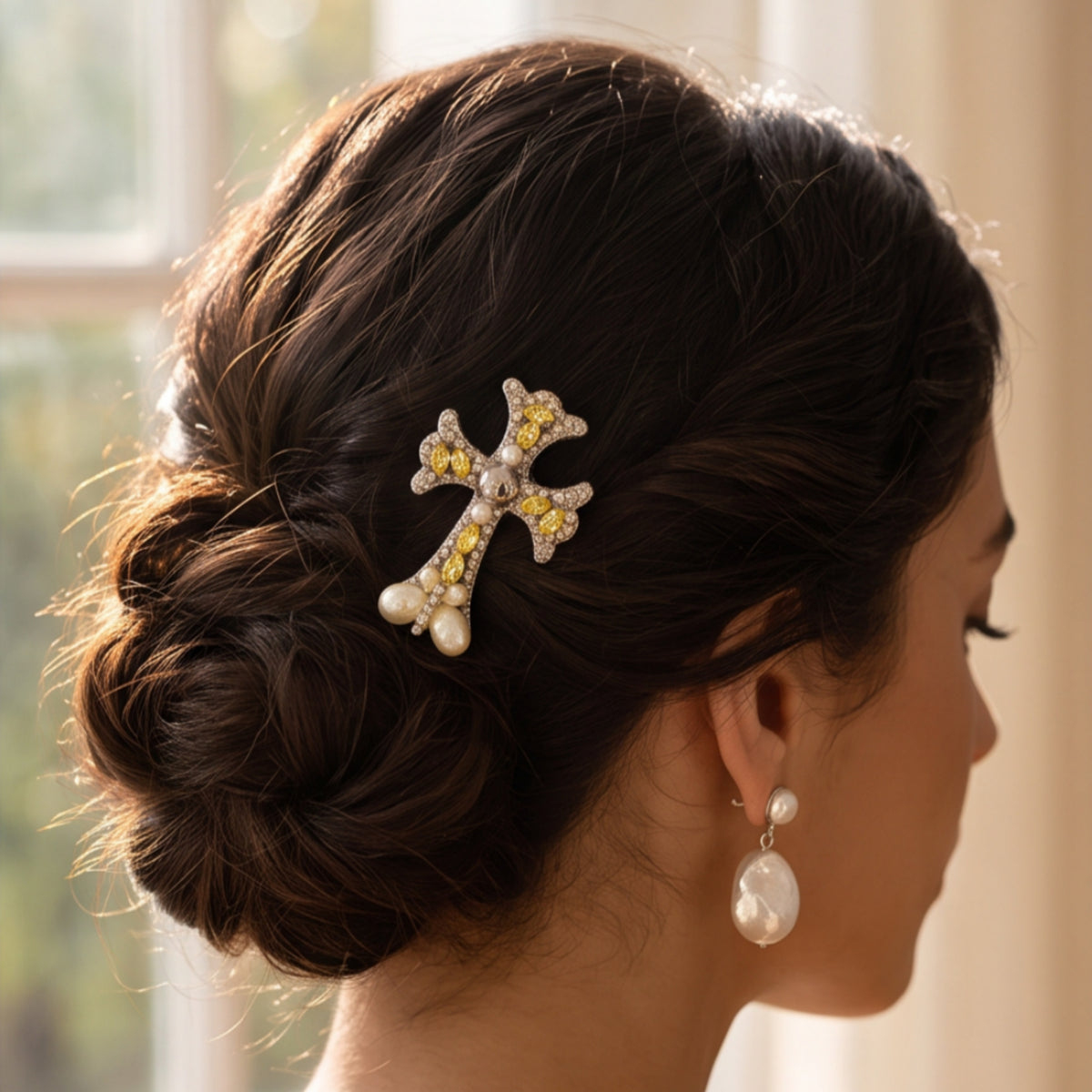 Yellow Rhinestone Pearl Cross Alligator Hair Clip