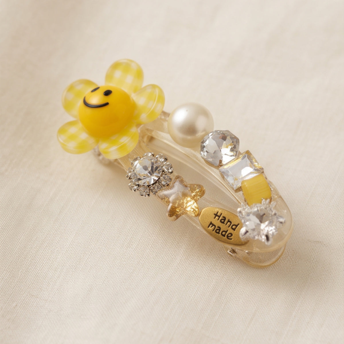 Yellow Smiley Flower Pearl Rhinestone Alligator Hair Clip