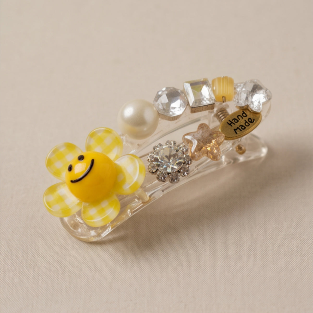 Yellow Smiley Flower Pearl Rhinestone Alligator Hair Clip