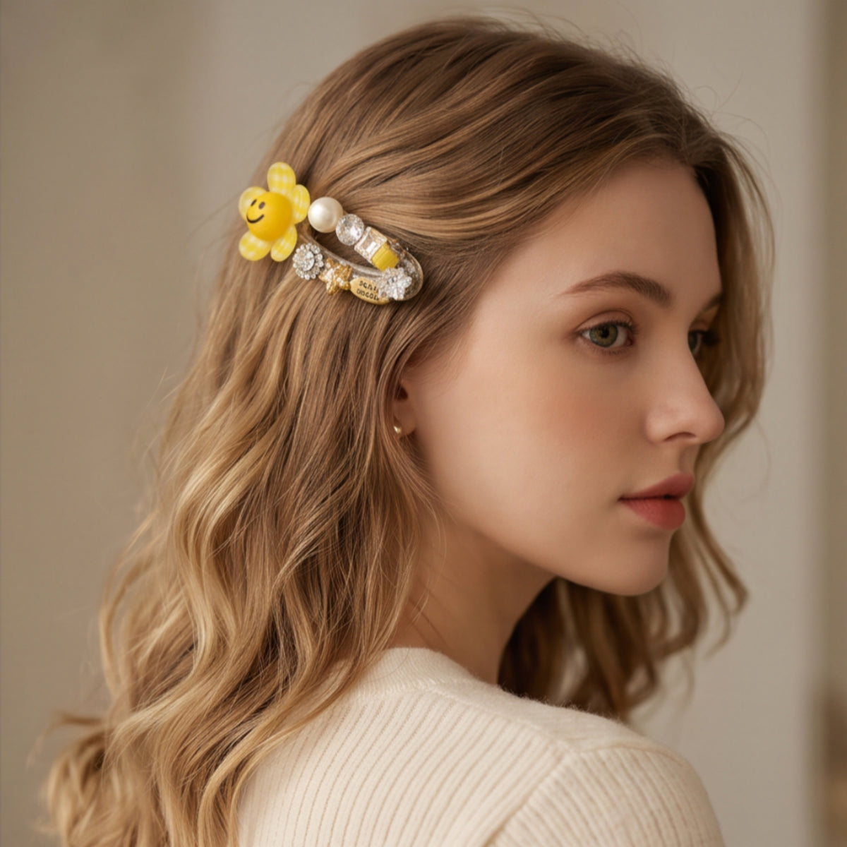 Yellow Smiley Flower Pearl Rhinestone Alligator Hair Clip